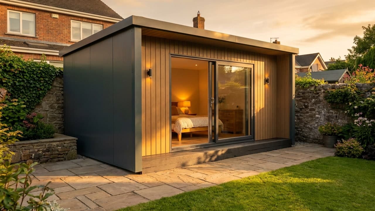 Four-metre composite teak Sprout Pod garden room with veranda, Ireland