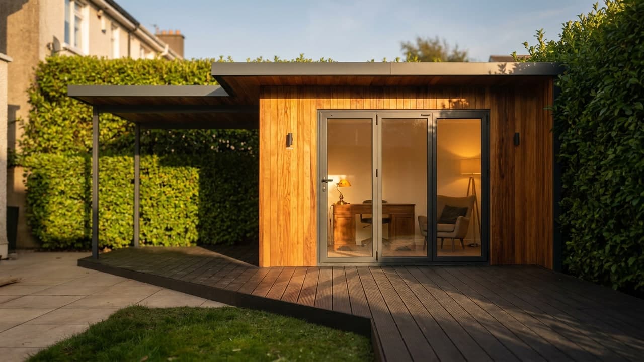 Five-metre teak Sprout Pod garden room with canopy over the deck, Ireland