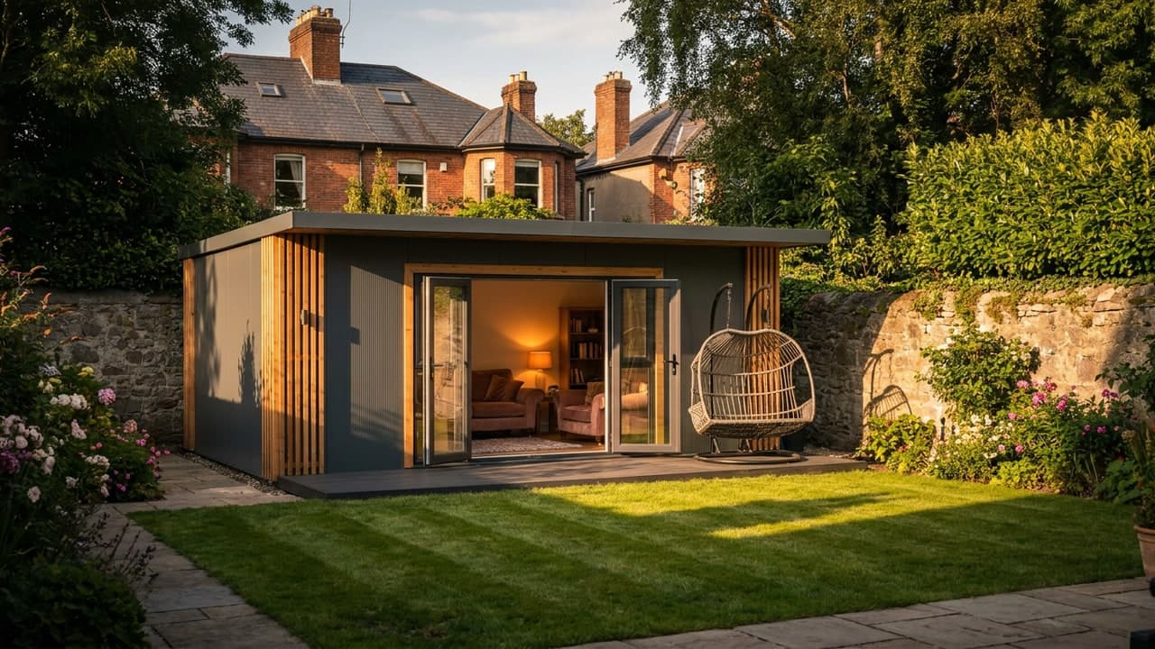 Sprout Pod steel-frame garden room, Ballsbridge Dublin, Ireland — Siberian larch cladding, floor-to-ceiling glazing, contemporary garden setting