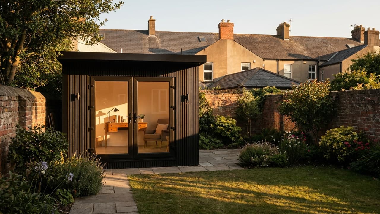 Three-metre black composite Sprout Pod home office with double doors, Ireland
