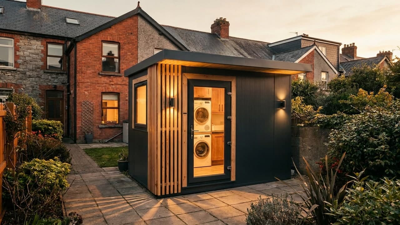 Sprout Pod 3x2m utility room lit at dusk, stacked washer and dryer inside, Ireland