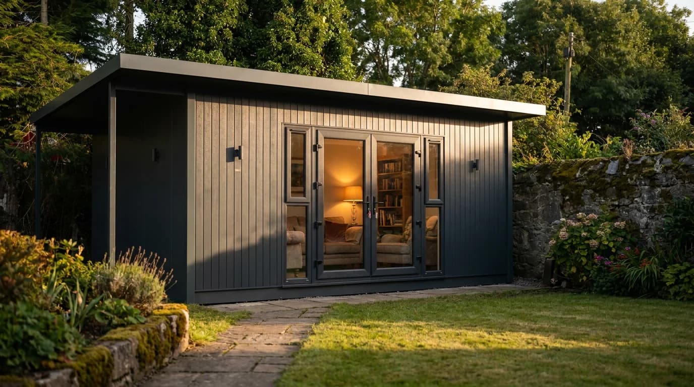 Navy composite Sprout Pod garden room with canopy, Ireland