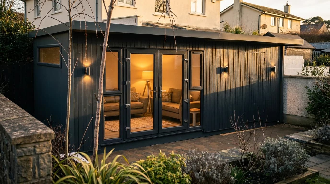 Seven-metre navy composite Sprout Pod modular home lit at dusk, Ireland