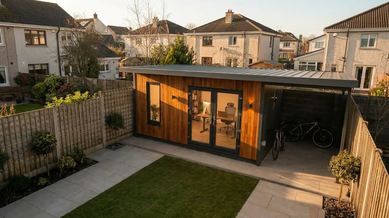 Sprout Pod steel-frame home office, Barna Galway, Ireland — teak cladding with canopy, floor-to-ceiling glazed door and windows